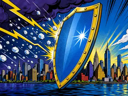 Hannover Rück SE (DE0008402215) schützt vor Naturkatastrophen, dargestellt in diesem farbenfrohen Pop-Art-Comic mit Schutzschild - Foto: THN