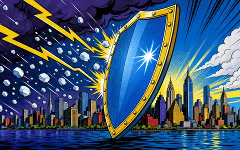 Hannover Rück SE (DE0008402215) schützt vor Naturkatastrophen, dargestellt in diesem farbenfrohen Pop-Art-Comic mit Schutzschild - Foto: THN