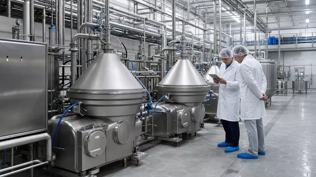 Ingenieure prüfen Separatoren in moderner Milchverarbeitungsanlage, fotorealistisch