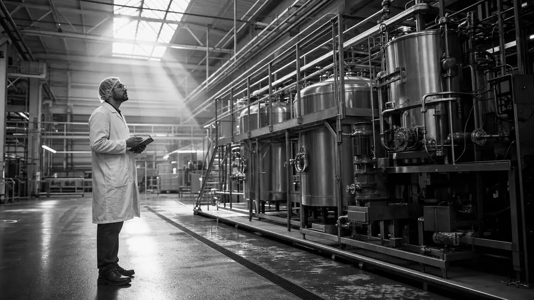 Schwarzweißes Reportagefoto eines Ingenieurs vor Prozessanlagen in Industriehalle
