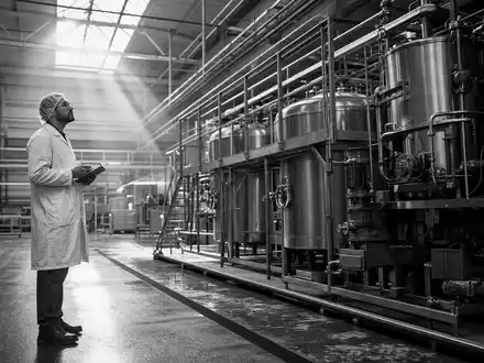 Schwarzweiße Reportage-Aufnahme illustriert GEA Group AG, ISIN DE0006602006, dokumentiert Anlagenbau in stimmungsvoller Industriehalle - Foto: THN