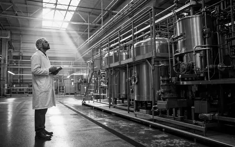 Schwarzweiße Reportage-Aufnahme illustriert GEA Group AG, ISIN DE0006602006, dokumentiert Anlagenbau in stimmungsvoller Industriehalle - Foto: THN