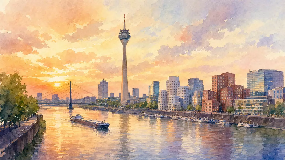 Aquarellbild der Düsseldorfer Skyline am Rhein im Sonnenuntergang