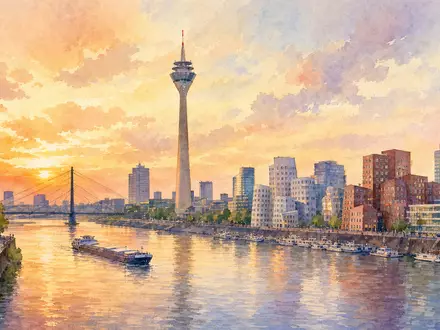 Aquarellmalerei der Düsseldorfer Skyline symbolisiert Standort von GEA Group AG, ISIN DE0006602006, an der Xetra-Börse - Foto: THN