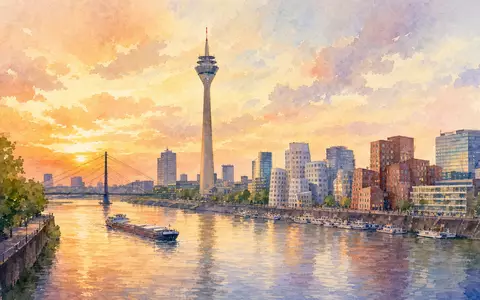 Aquarellmalerei der Düsseldorfer Skyline symbolisiert Standort von GEA Group AG, ISIN DE0006602006, an der Xetra-Börse - Foto: THN