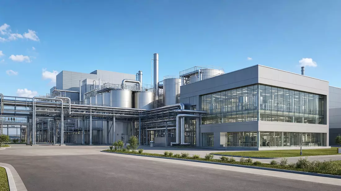 Modernes 3D-Architektur-Render einer Industrieanlage mit Glasfassade und Tanks