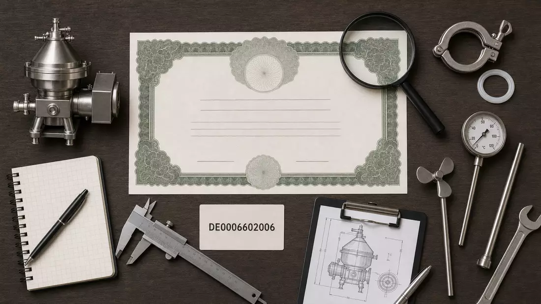 Flatlay-Arrangement mit Zertifikat, ISIN-Karte und Miniatur-Separator auf Holztisch