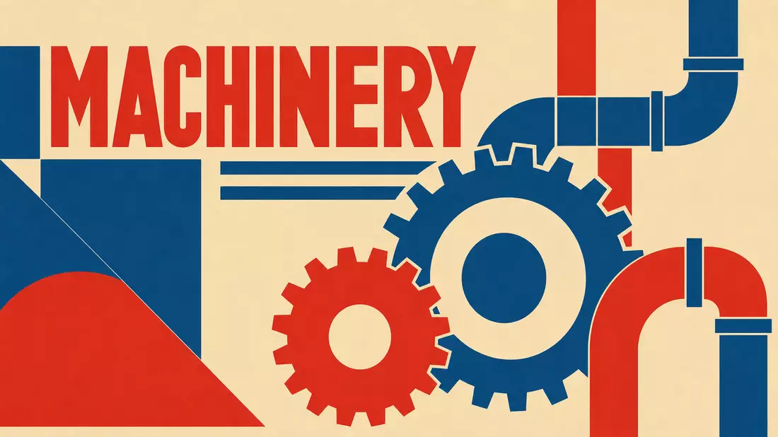 Geometrisches Bauhaus-Poster mit Zahnrädern und Rohren in Rot und Blau