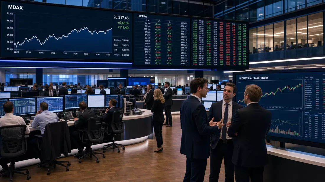 Trading-Floor mit großen Bildschirmen zeigt MDAX- und Xetra-Kursdaten, Händler im Gespräch