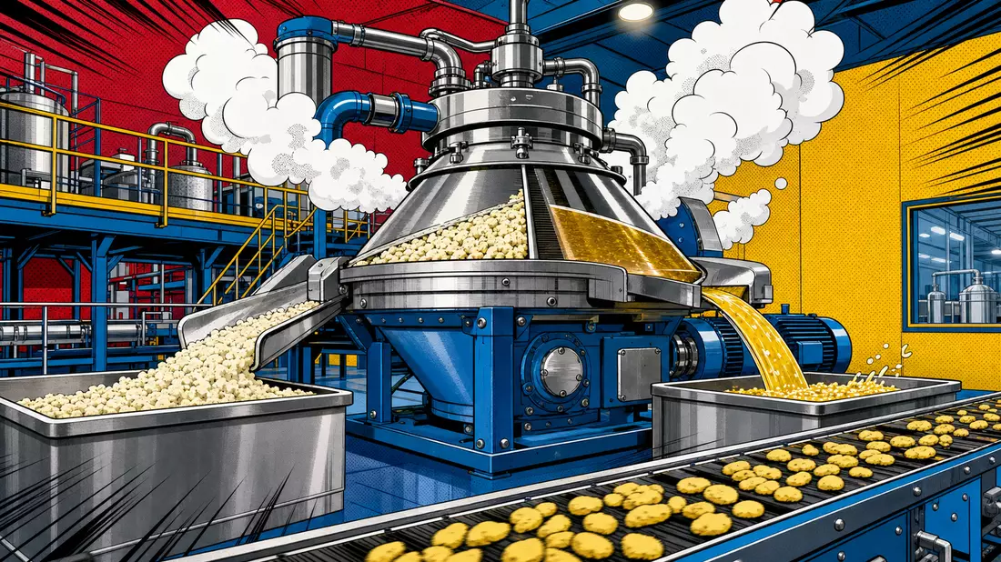 Bunte Pop-Art-Comic-Illustration einer Fabrikmaschine mit Dampf und Förderband