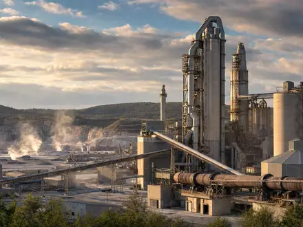 Fotorealistische Aufnahme eines Zementwerks zeigt Heidelberg Materials AG DE0006047004 mit Kalksteinbruch und Produktionsanlagen im Abendlicht - Foto: THN