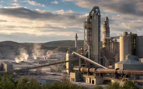 Fotorealistische Aufnahme eines Zementwerks zeigt Heidelberg Materials AG DE0006047004 mit Kalksteinbruch und Produktionsanlagen im Abendlicht - Foto: THN