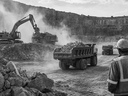 Schwarzweiß-Reportagefoto illustriert Heidelberg Materials AG DE0006047004 durch Arbeiter und schwere Maschinen in einem staubigen Kalksteinbruch - Foto: THN
