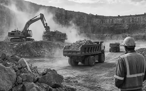 Schwarzweiß-Reportagefoto illustriert Heidelberg Materials AG DE0006047004 durch Arbeiter und schwere Maschinen in einem staubigen Kalksteinbruch - Foto: THN