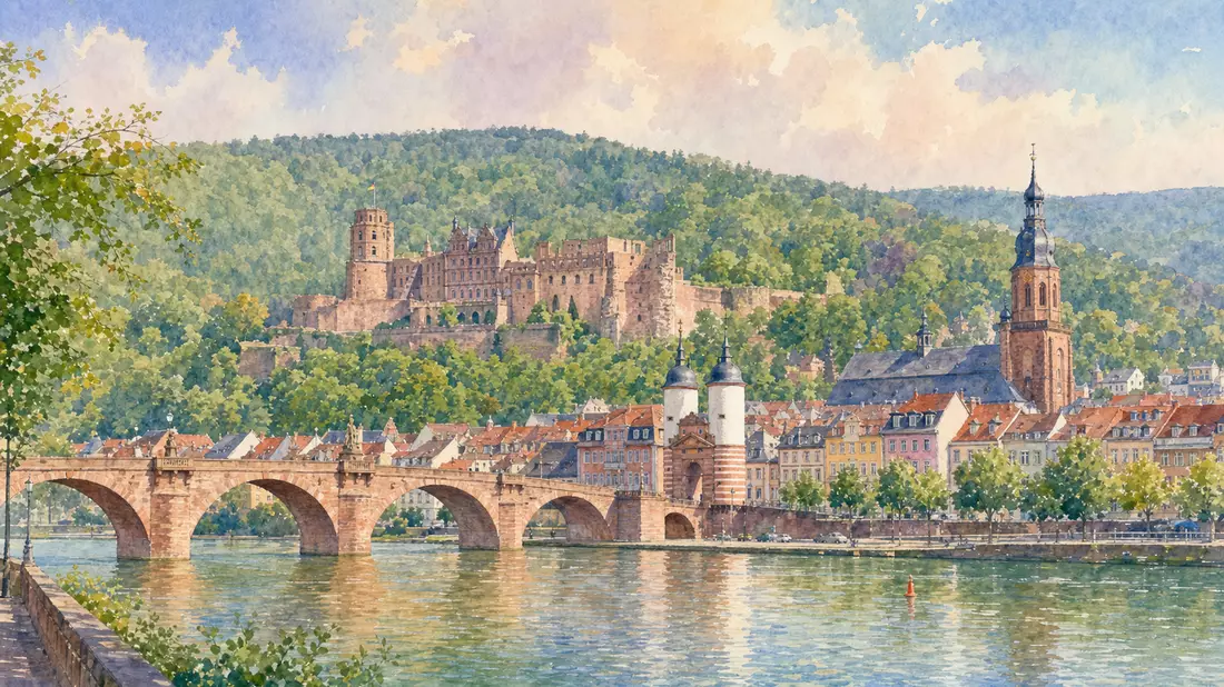 Aquarellbild der Heidelberger Altstadt mit Schloss und Neckar