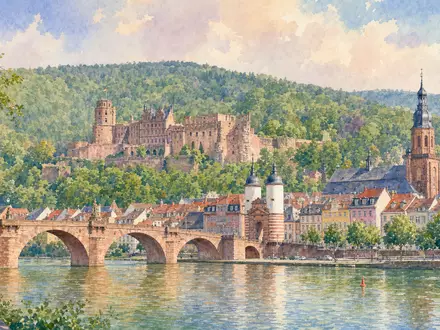 Aquarellmalerei der Heidelberger Skyline symbolisiert Heidelberg Materials AG DE0006047004 mit Schloss und Neckar - Foto: THN