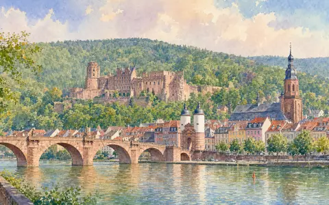 Aquarellmalerei der Heidelberger Skyline symbolisiert Heidelberg Materials AG DE0006047004 mit Schloss und Neckar - Foto: THN
