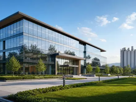Architektur-Render eines modernen Bürogebäudes repräsentiert Heidelberg Materials AG DE0006047004 mit Zementsilos im Hintergrund der Anlage - Foto: THN
