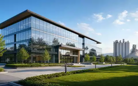 Architektur-Render eines modernen Bürogebäudes repräsentiert Heidelberg Materials AG DE0006047004 mit Zementsilos im Hintergrund der Anlage - Foto: THN