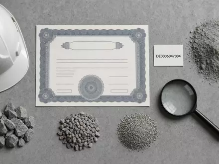 Flatlay-Arrangement mit Aktienzertifikat und ISIN-Karte repräsentiert Heidelberg Materials AG DE0006047004 neben Zementpulver und Gesteinsproben - Foto: THN