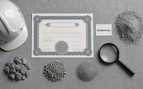Flatlay-Arrangement mit Aktienzertifikat und ISIN-Karte repräsentiert Heidelberg Materials AG DE0006047004 neben Zementpulver und Gesteinsproben - Foto: THN