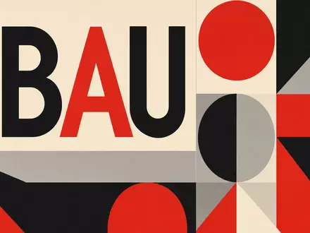 Geometrisches Bauhaus-Poster mit dem Wort BAU symbolisiert Heidelberg Materials AG DE0006047004 als Vertreter der Baustoffindustrie - Foto: THN