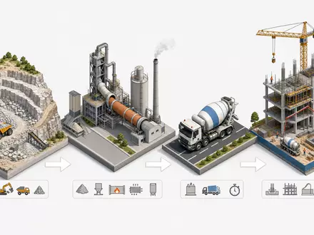 Isometrische 3D-Grafik zeigt die Wertschöpfungskette von Heidelberg Materials AG DE0006047004 vom Steinbruch bis Baustelle - Foto: THN
