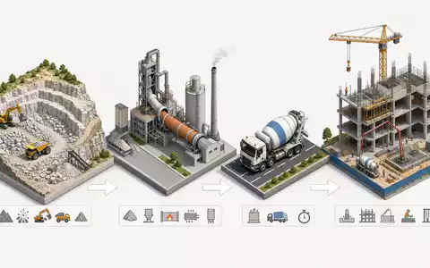 Isometrische 3D-Grafik zeigt die Wertschöpfungskette von Heidelberg Materials AG DE0006047004 vom Steinbruch bis Baustelle - Foto: THN
