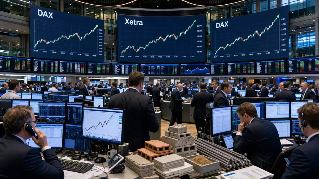 Trading Floor mit DAX- und Xetra-Kurstafeln und Händlern in Anzügen