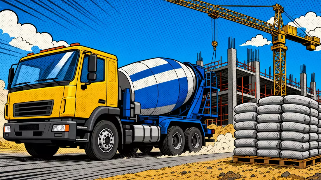 Pop-Art-Comic mit Betonmischer, Baukran und gestapelten Zementsäcken