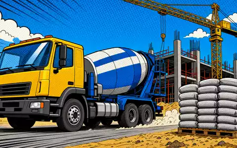 Buntes Pop-Art-Comicbild mit Betonmischer und Baukran symbolisiert Heidelberg Materials AG DE0006047004 auf spielerische, farbenfrohe Weise - Foto: THN
