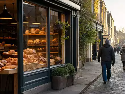 Greggs plc mit ISIN GB00B0H2K534 betreibt Filialen, ein realistisches Foto zeigt frische Backwaren im Schaufenster - Foto: THN
