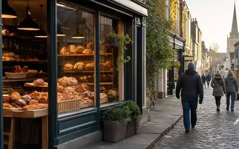 Greggs plc mit ISIN GB00B0H2K534 betreibt Filialen, ein realistisches Foto zeigt frische Backwaren im Schaufenster - Foto: THN