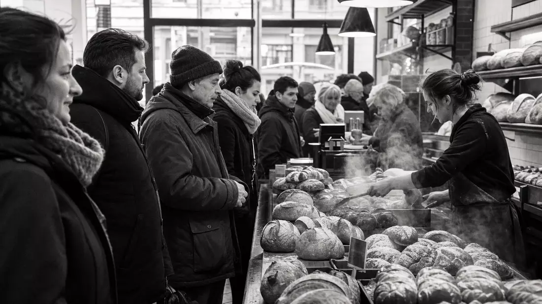 Schwarzweiß-Reportagefoto einer belebten Bäckerei mit Kunden am frühen Morgen