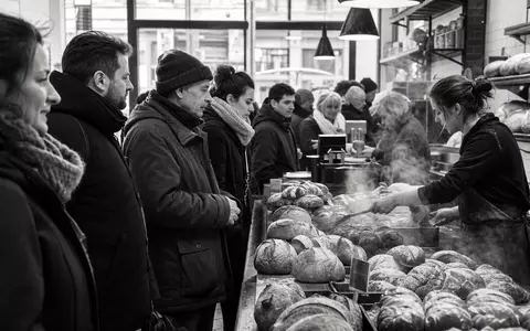 Greggs plc, ISIN GB00B0H2K534, dokumentiert in Schwarzweiß-Reportage den geschäftigen Alltag einer belebten Bäckerei am Morgen - Foto: THN