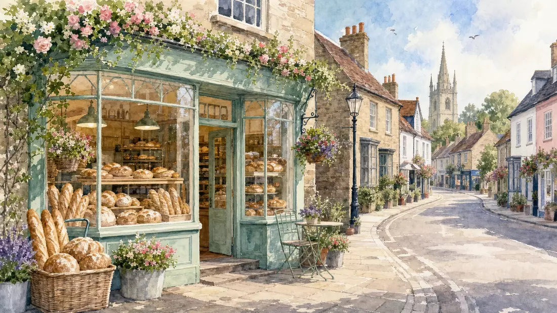 Aquarellmalerei einer britischen Einkaufsstraße mit kleiner Bäckerei-Fassade