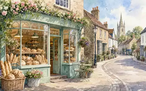 Greggs plc, ISIN GB00B0H2K534, dargestellt als Aquarellmalerei einer britischen Einkaufsstraße mit kleiner Bäckerei - Foto: THN
