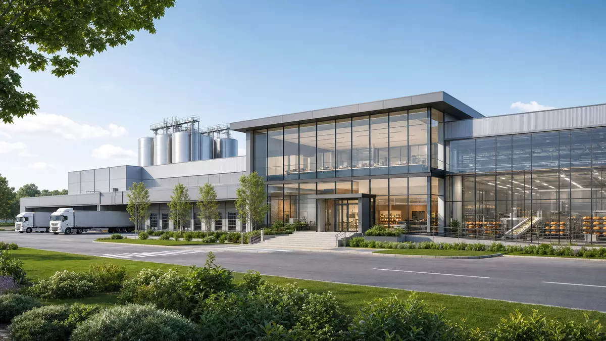 Architektur-Render einer modernen Lebensmittelproduktionsanlage mit Glasfassade