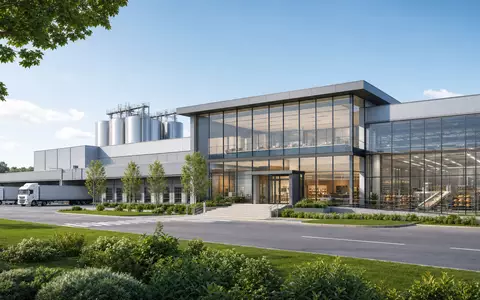 Greggs plc, ISIN GB00B0H2K534, präsentiert als Architektur-Render einer modernen Lebensmittelproduktionsanlage am Stadtrand - Foto: THN