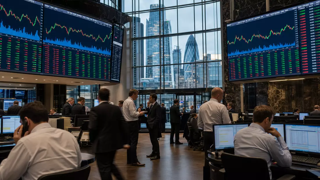 Börsen-Editorial mit Trading-Floor und sektorspezifischen Einzelhandels-Charts