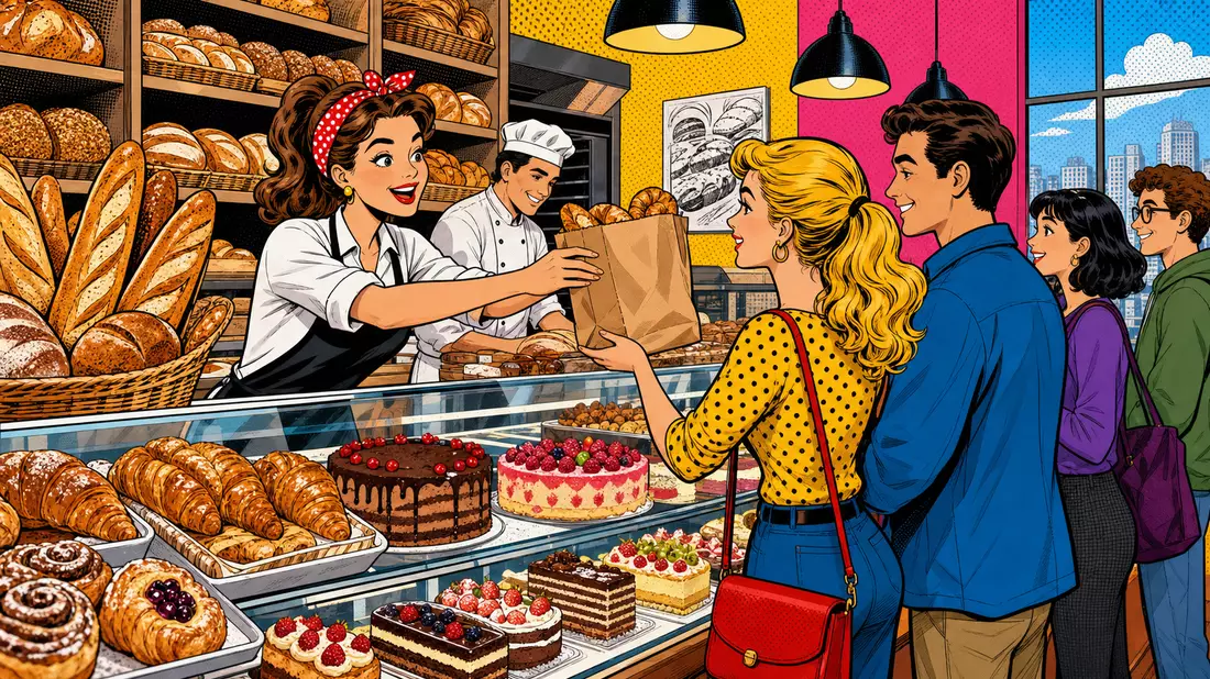Pop-Art-Comic-Szene einer belebten Bäckerei-Verkaufstheke mit bunten Farben