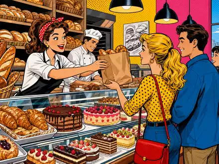 Greggs plc, ISIN GB00B0H2K534, inszeniert als farbenfrohe Pop-Art-Comic-Szene einer belebten Bäckerei-Theke mit Kunden - Foto: THN