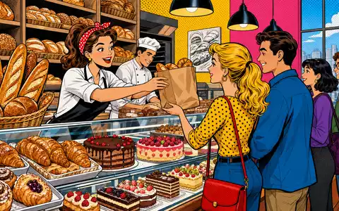 Greggs plc, ISIN GB00B0H2K534, inszeniert als farbenfrohe Pop-Art-Comic-Szene einer belebten Bäckerei-Theke mit Kunden - Foto: THN