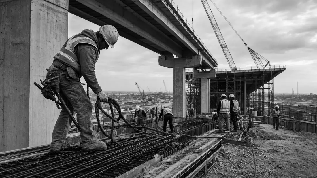 Schwarzweiß-Reportagefoto einer Baucrew auf einer Autobahnüberführung im Bau
