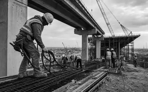 Balfour Beatty plc (ISIN GB0002422382) dokumentiert schwarzweiß eine Baucrew auf einer Autobahnbrücke bei Arbeiten - Foto: THN
