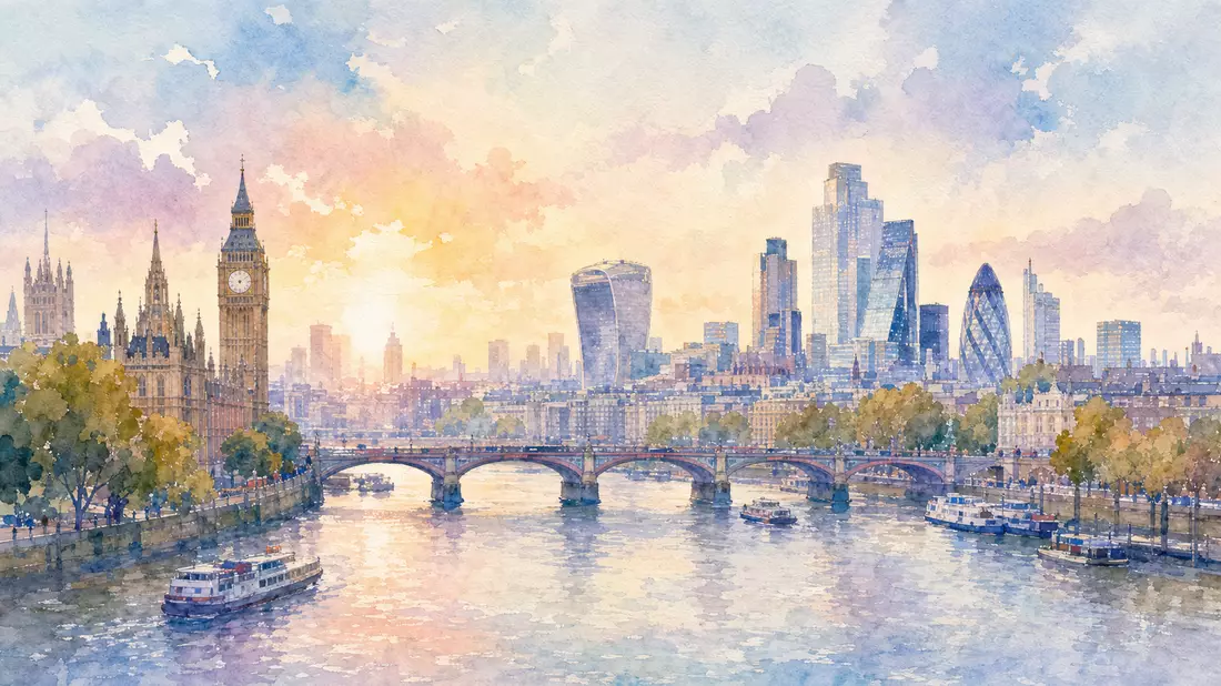 Aquarellmalerei der Londoner Skyline mit Themse, Brücken und Bürotürmen
