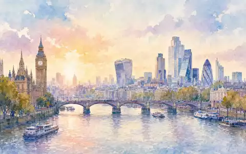 Balfour Beatty plc (ISIN GB0002422382) präsentiert Londons Skyline in sanfter Aquarell-Optik mit Fluss und Brücken - Foto: THN