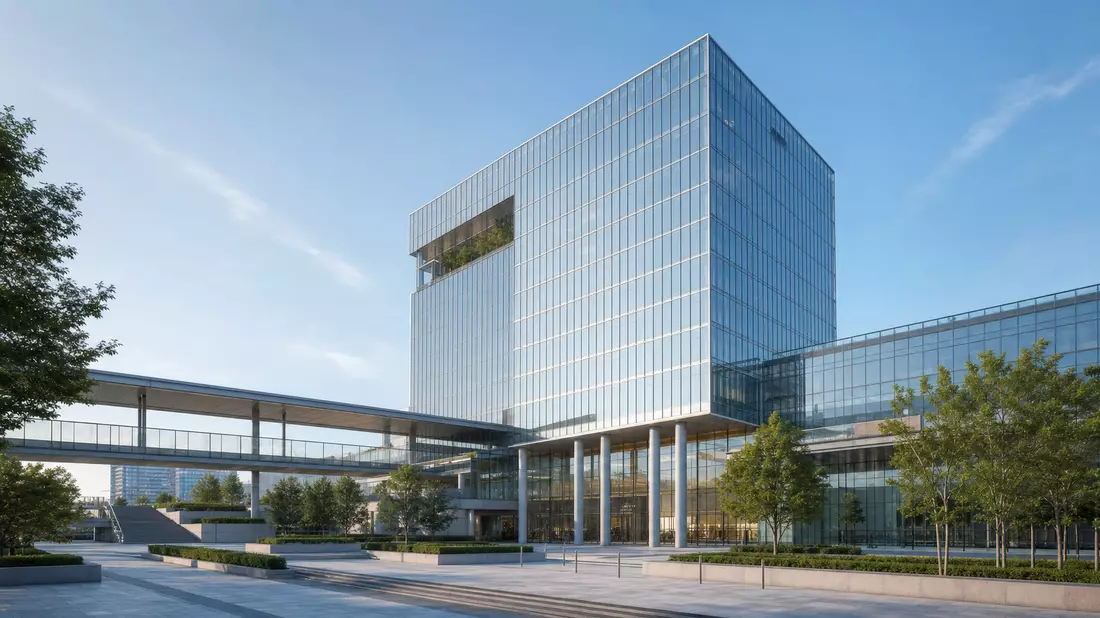 Architektur-Render eines modernen Glasbürogebäudes mit begrünter Platzgestaltung