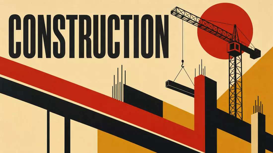 Geometrisches Bauhaus-Poster mit Kran, Baugerüst und Schriftzug CONSTRUCTION
