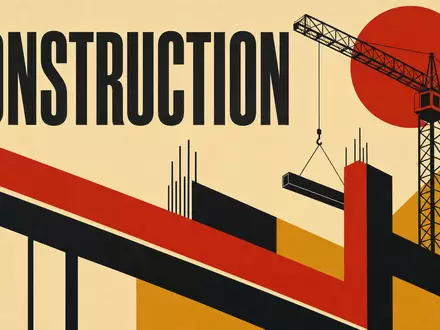 Balfour Beatty plc (ISIN GB0002422382) inspiriert ein Bauhaus-Poster mit Kran, Baugerüst und großem Schriftzug CONSTRUCTION - Foto: THN